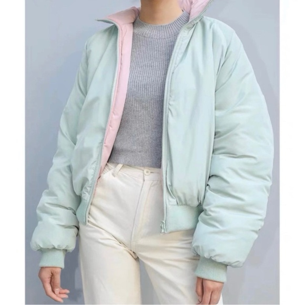Brandy Melville Pastel Green and Pink Reversible Puffer Jacket